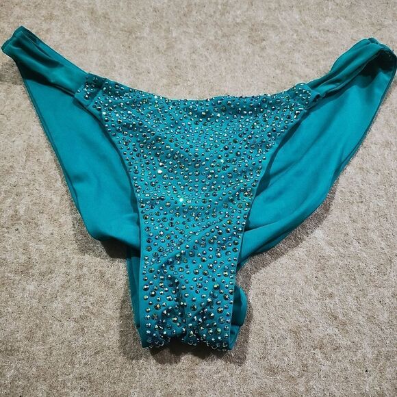 Luxury Rhinestone Teal Scrunch Butt Pull On Bikini Bottom #8 - Picture 1 of 3
